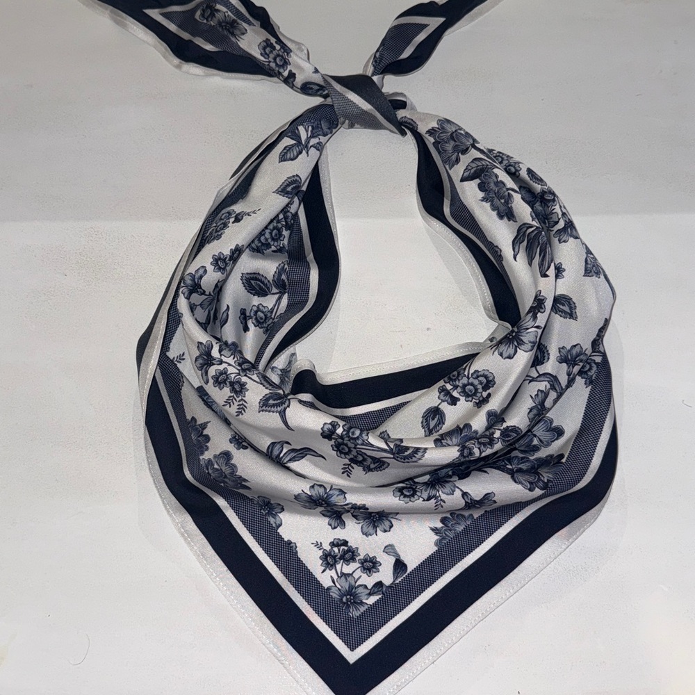Vintage Navy Blue and White Floral Triangle Scarf